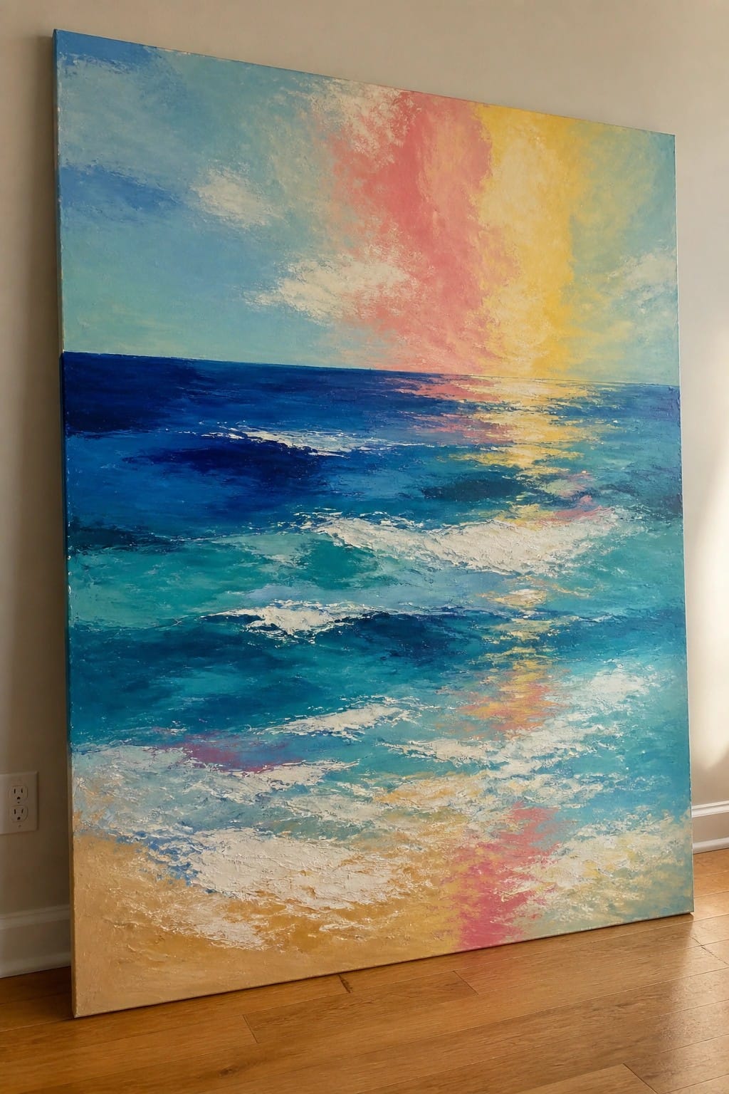 Large impressionistic painting of colorful sunset over crashing blue ocean waves and sandy beach