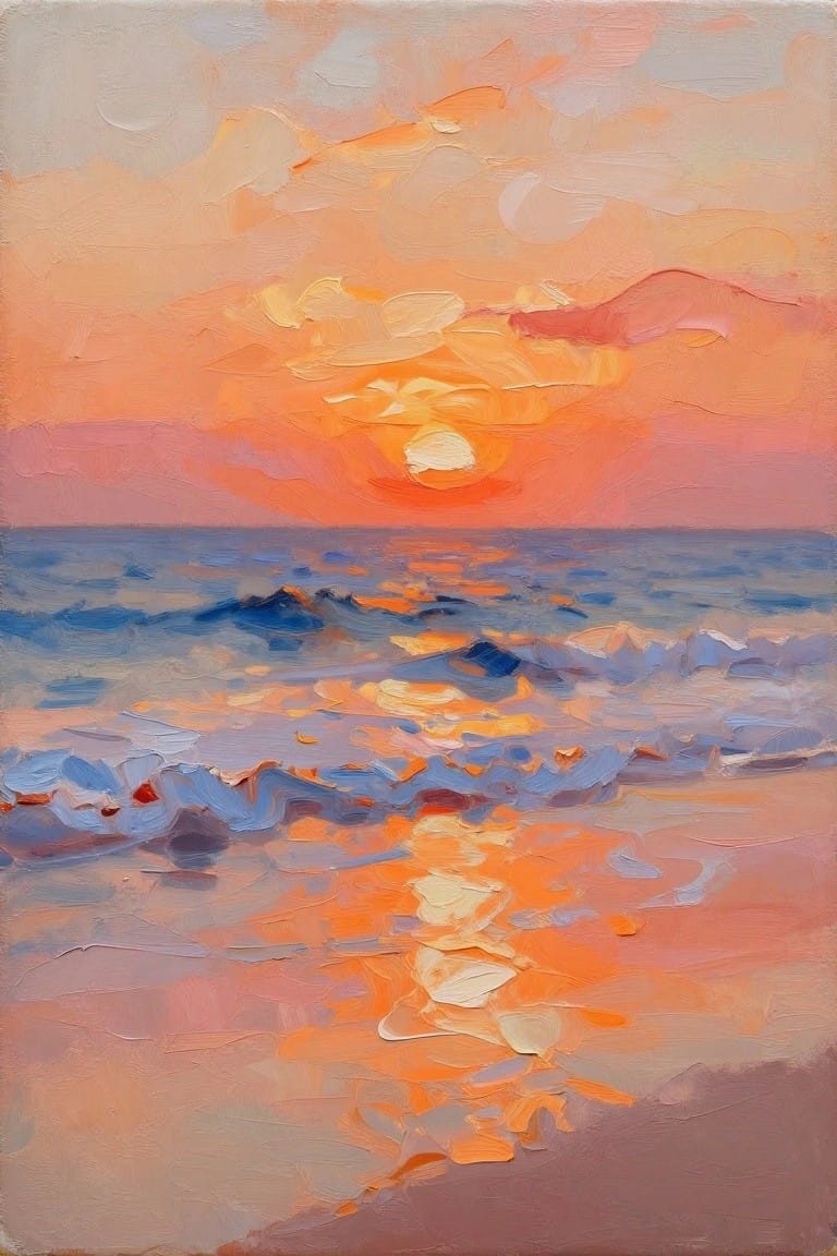 An oil painting of a bright orange sunset over blue ocean waves with reflections on the shore.