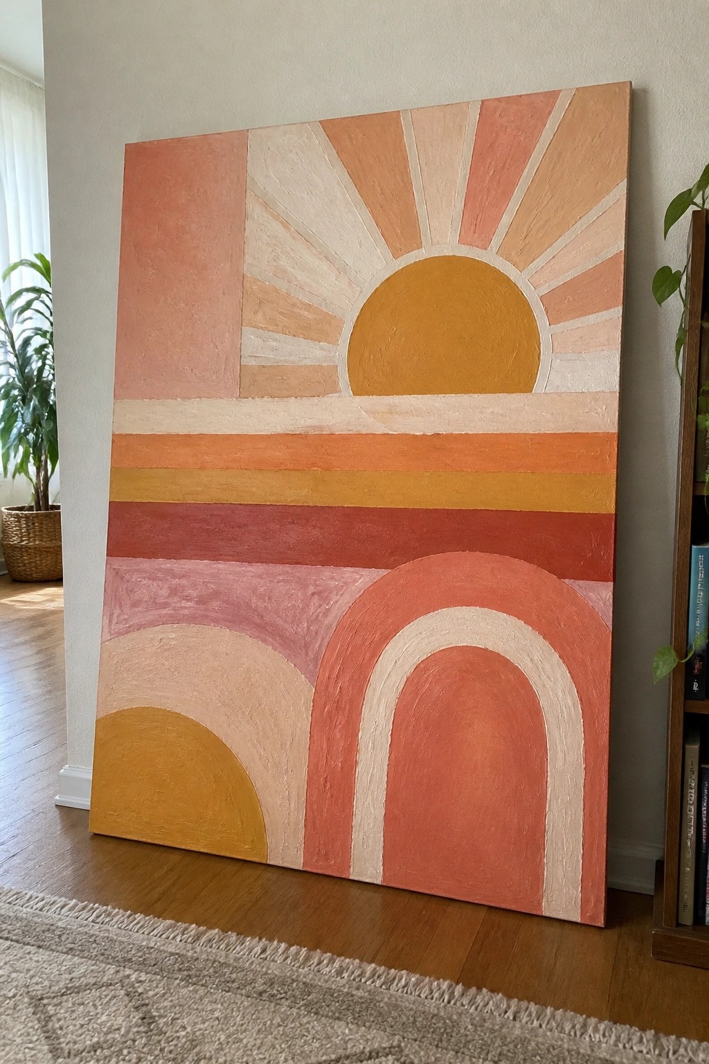 Abstract painting with yellow sun, radiating rays, stripes, and orange arches.