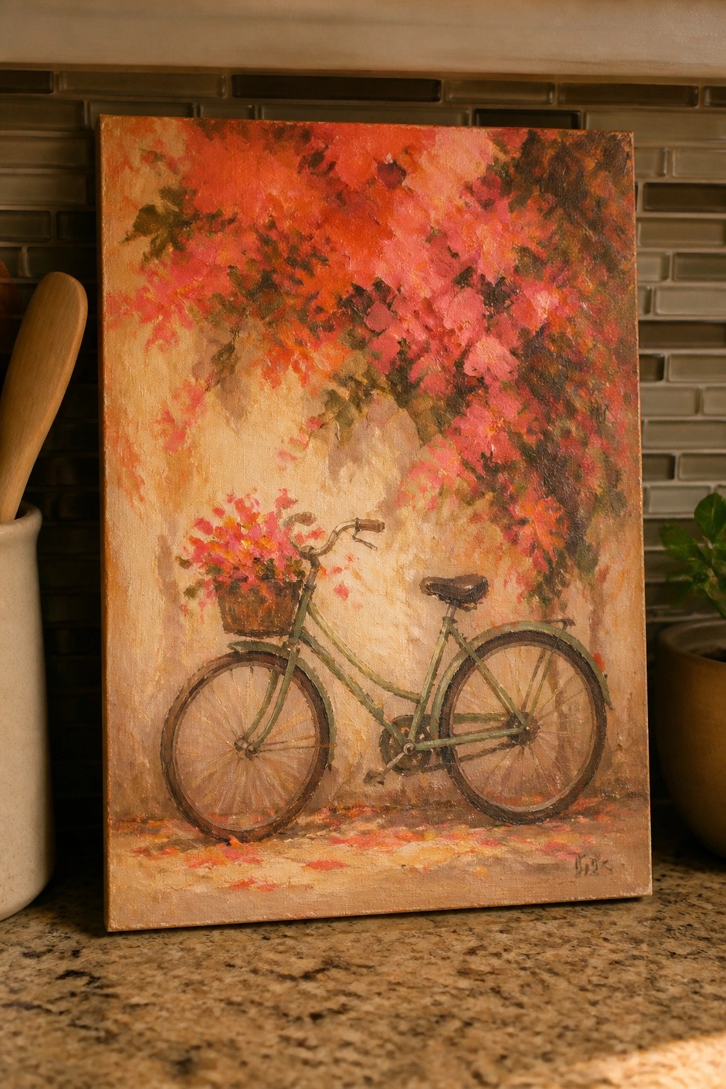 Textured oil painting of green bicycle with pink flower basket amid red autumn foliage