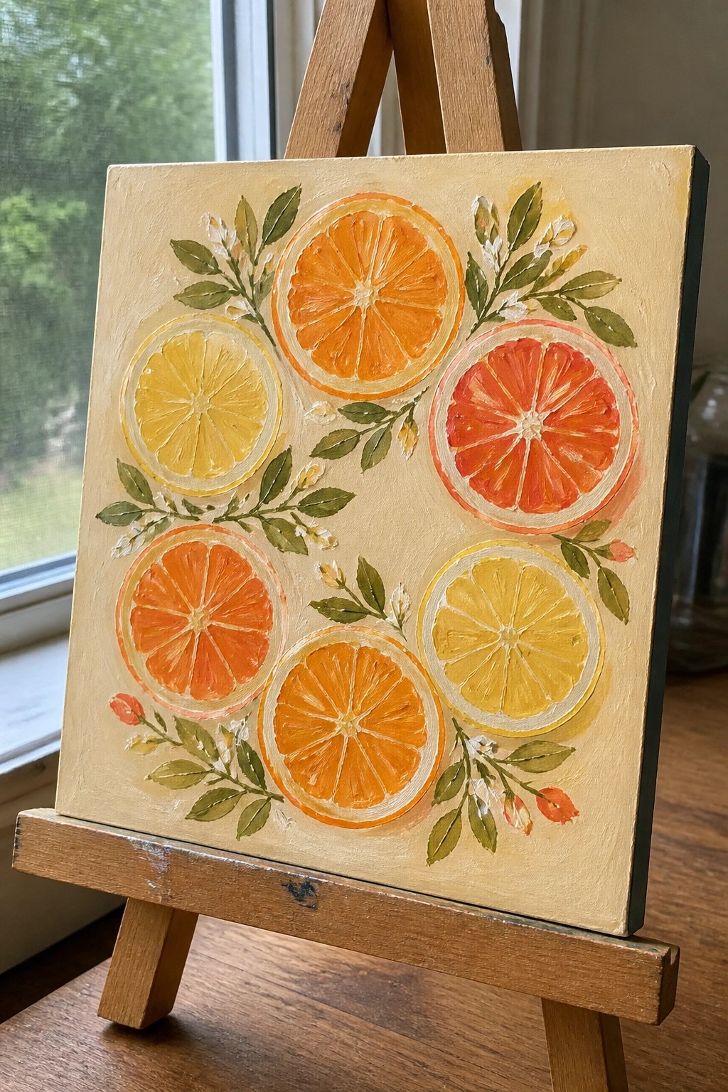 Vibrant painting of citrus slices, leaves, and flowers on wooden easel