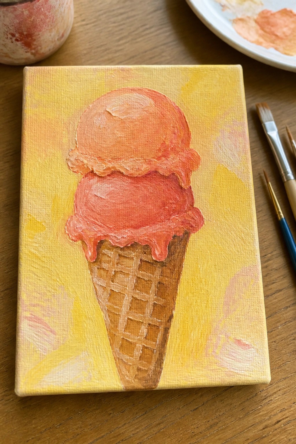 Two melting orange ice cream scoops in a waffle cone on yellow canvas.