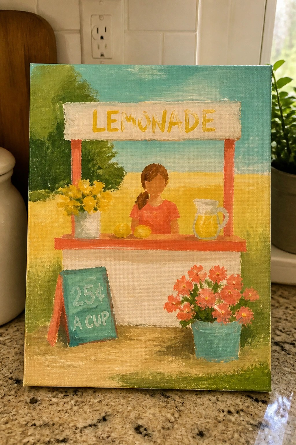Colorful painting of lemonade stand with girl in red shirt, pitcher, and flower pots