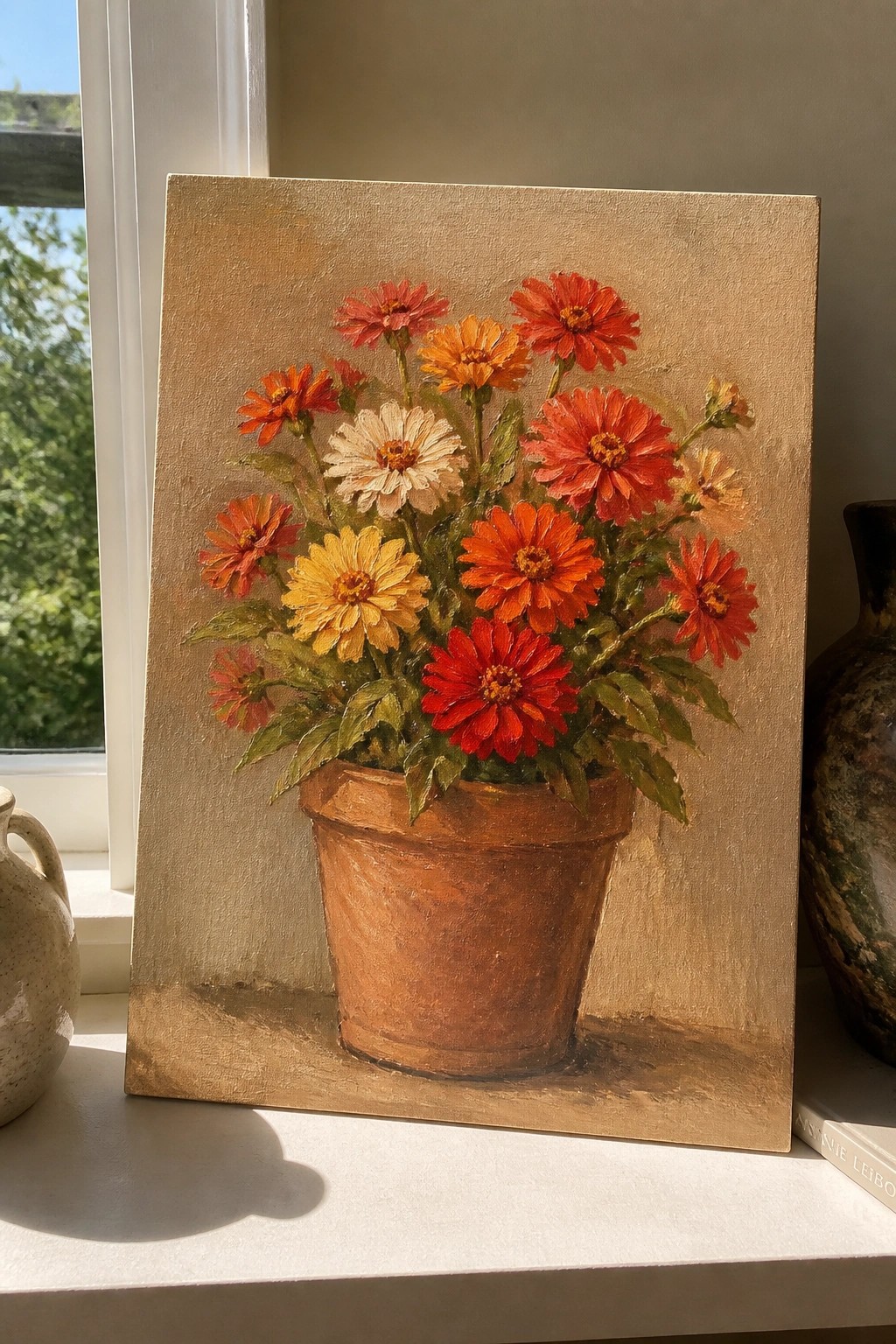 Oil painting of red, orange, and yellow flowers in terracotta pot on windowsill