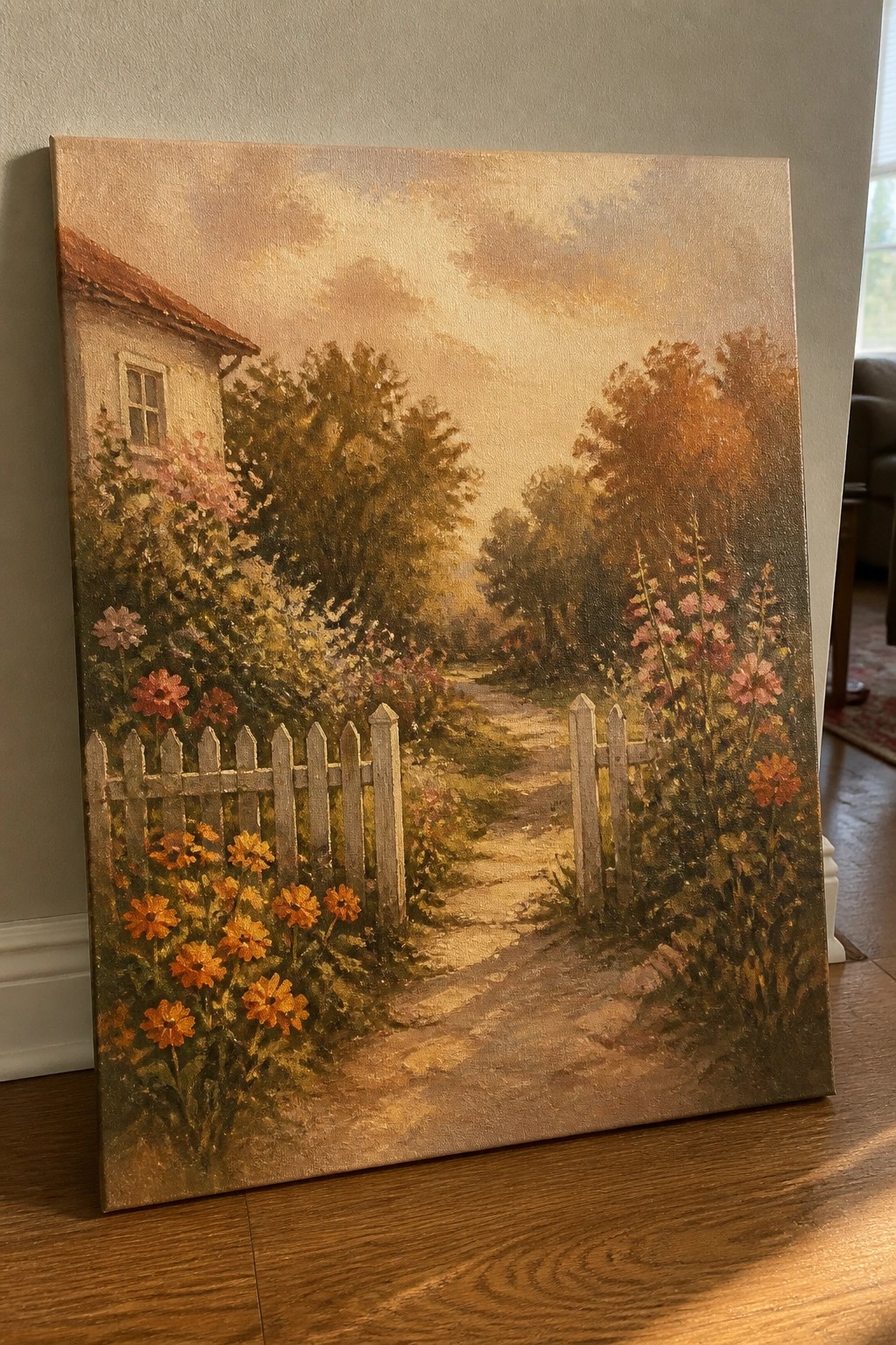 Country garden with white picket fence, vibrant flowers, winding dirt path, and warm sunset light