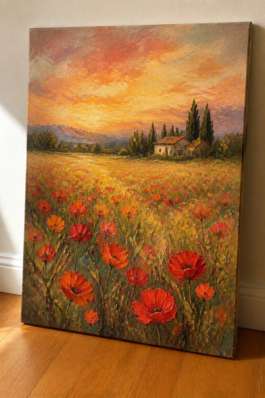 Sunset landscape painting with red poppies, golden field, orange sky, mountains, and a small house.