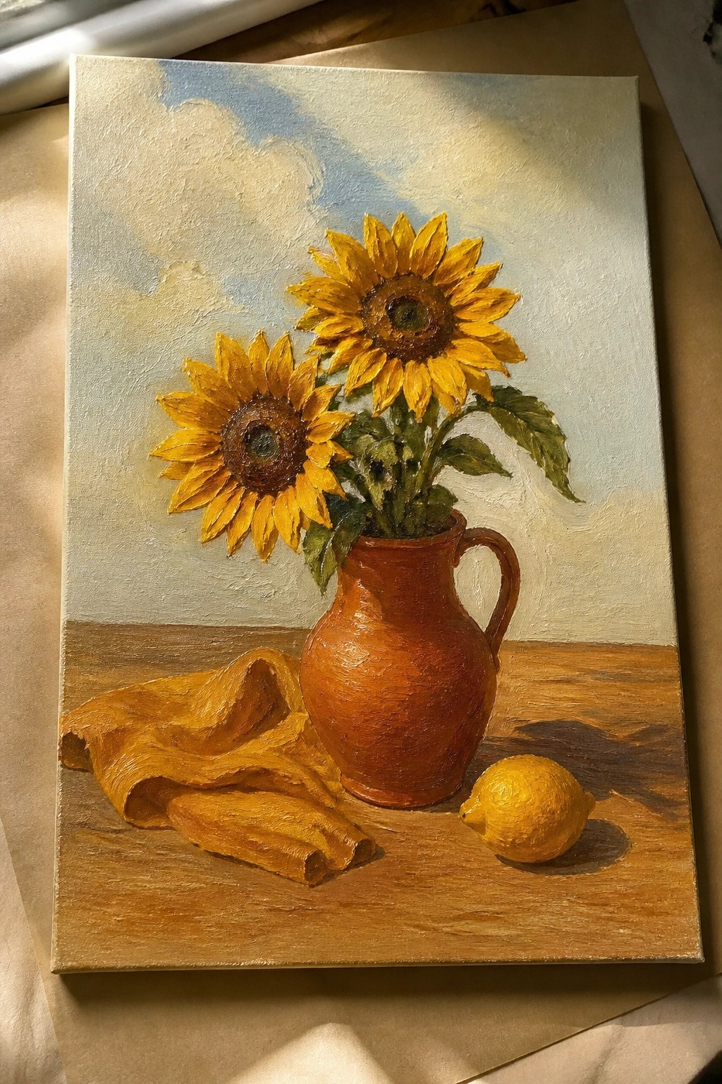 Oil painting of two sunflowers in terracotta pitcher with lemon and yellow cloth on wood table
