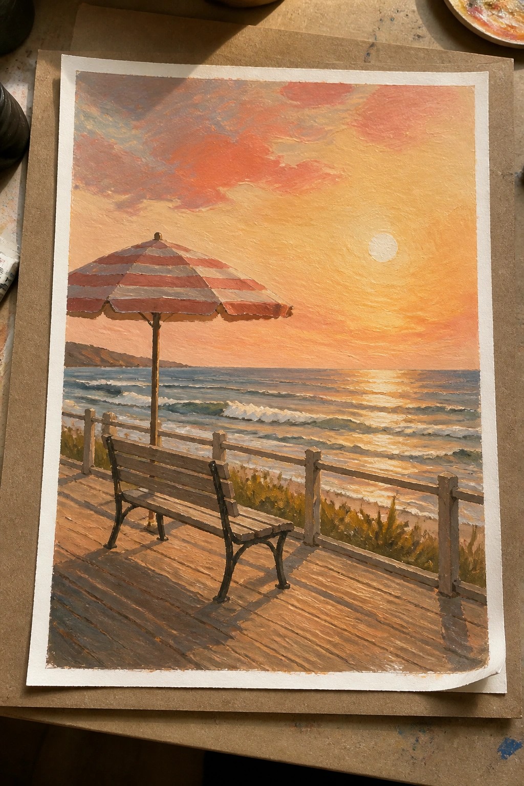 Wooden bench and red-striped umbrella on boardwalk overlooking ocean waves at sunset.