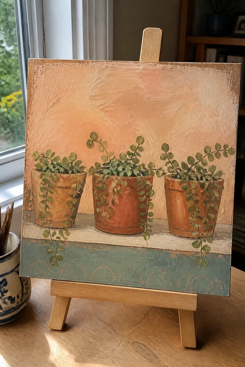 Three terracotta pots with trailing green plants on wooden easel painting.