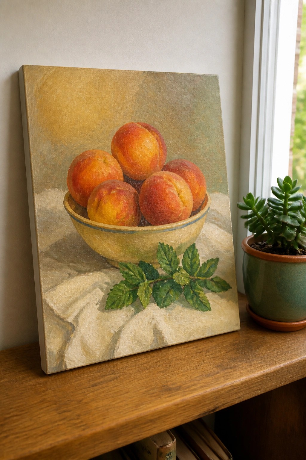 Still life painting of peaches in yellow bowl with mint on wooden windowsill beside plant.
