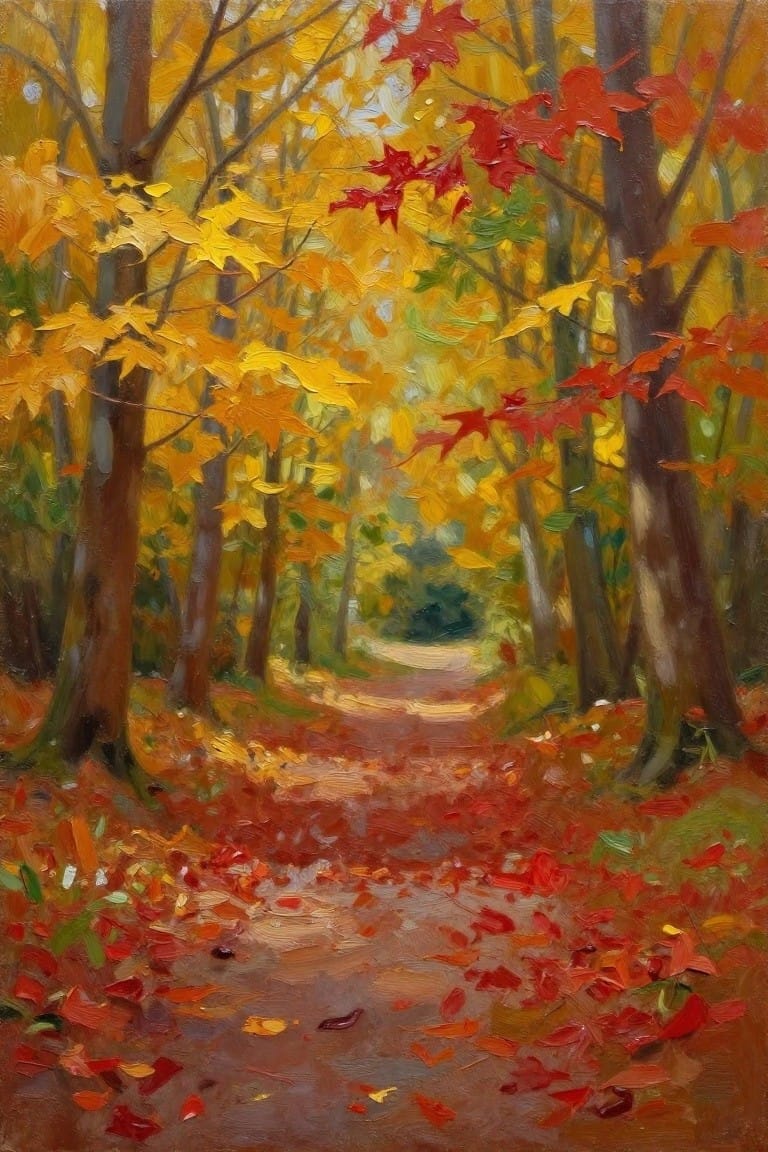 An oil painting of a forest path covered in red leaves with trees showing yellow and red autumn foliage on both sides.