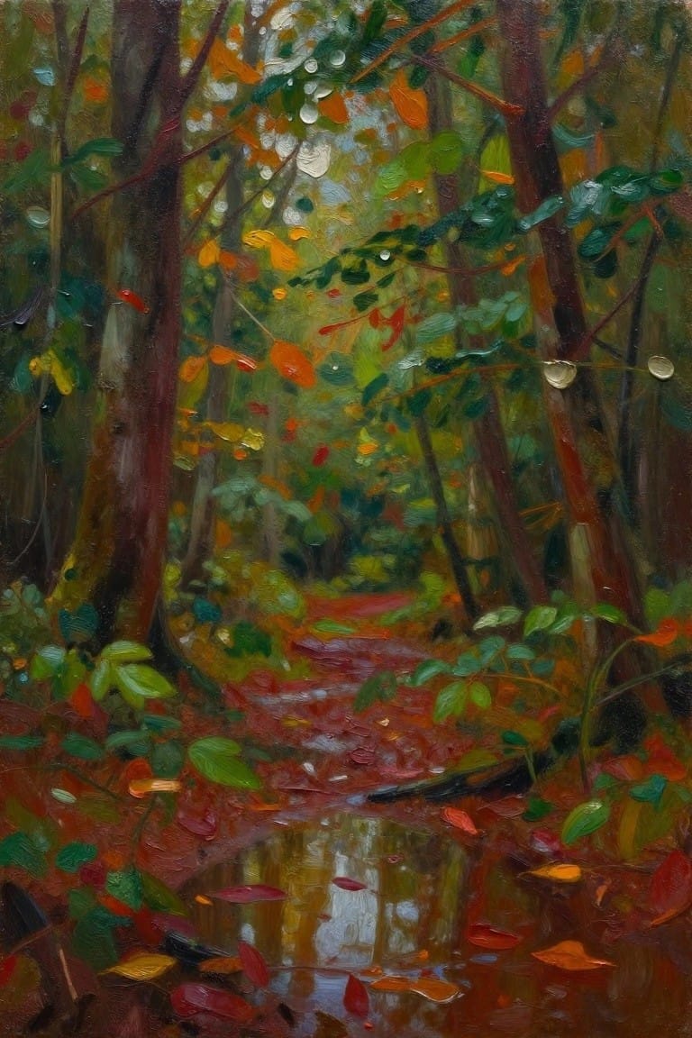 Autumn forest path with vibrant red-orange leaves and reflective puddle among trees