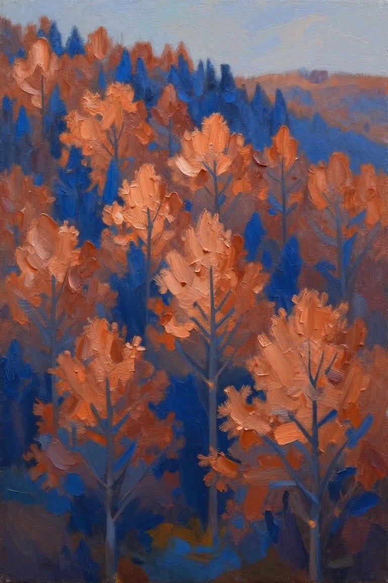 Autumn forest with thickly painted orange trees and blue shadows in oil style