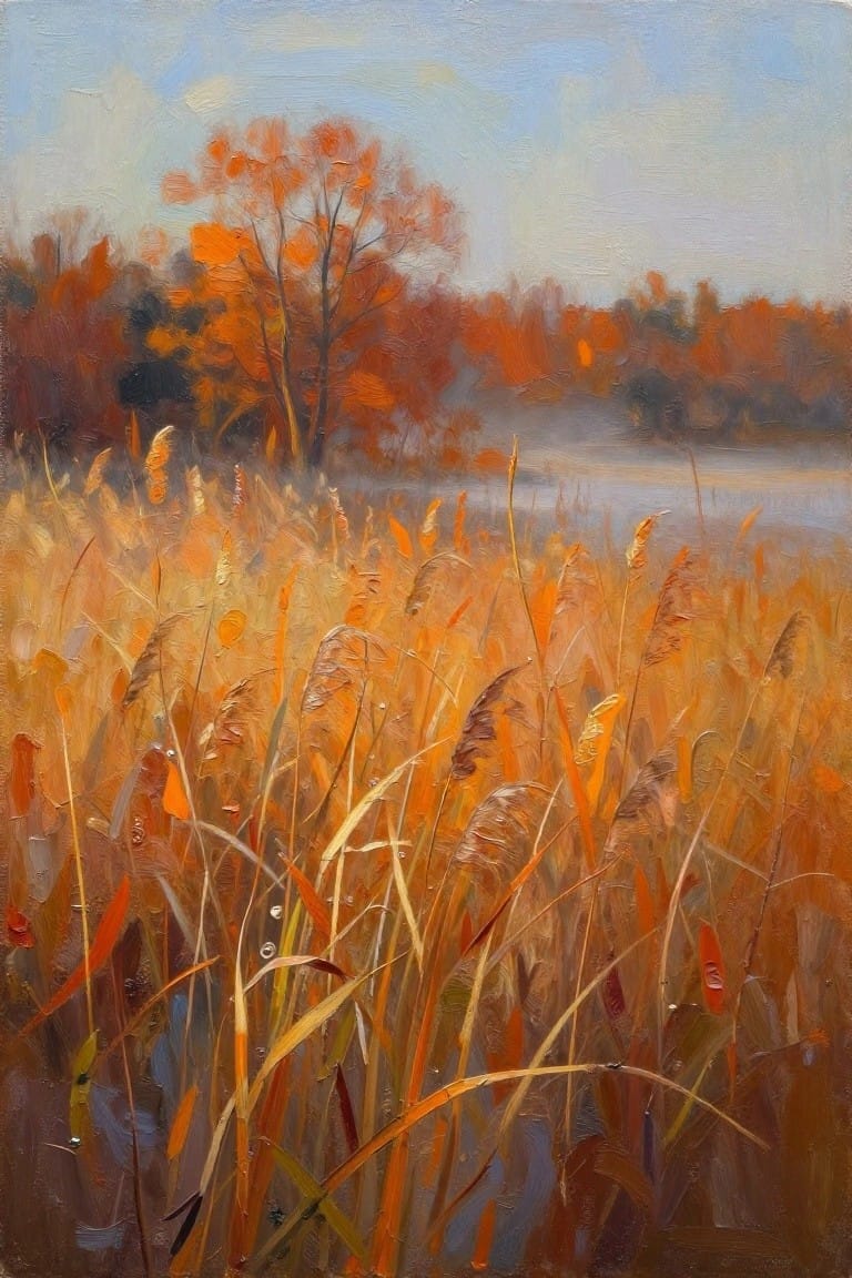 Tall golden grasses by misty lake with vibrant autumn trees