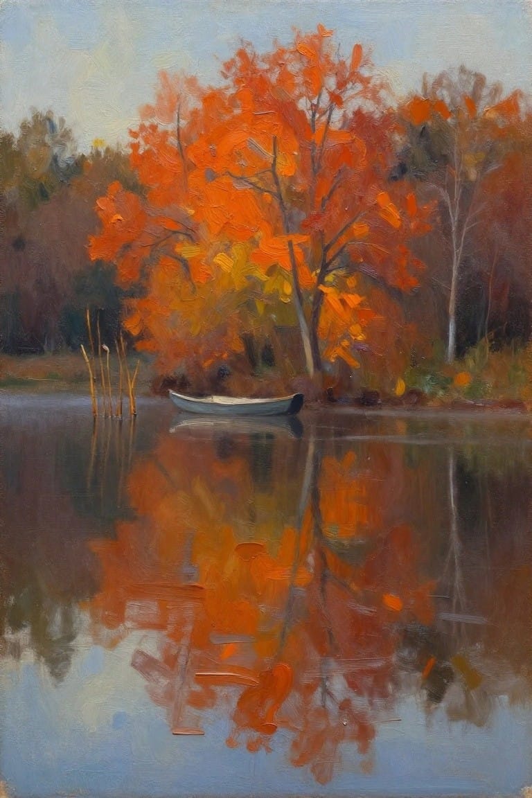 Small boat on calm water reflecting vibrant orange autumn trees and foliage.