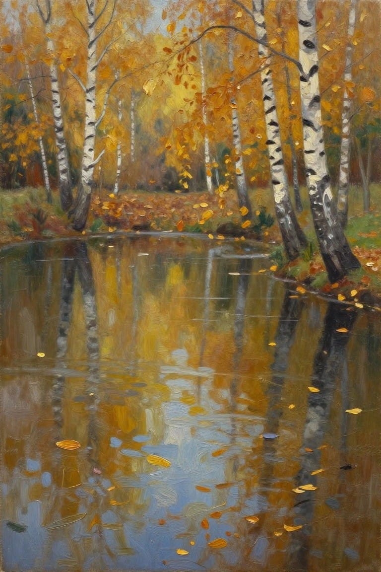 An oil painting of white birch trees with yellow and orange autumn leaves beside a pond that reflects the trees and sky.