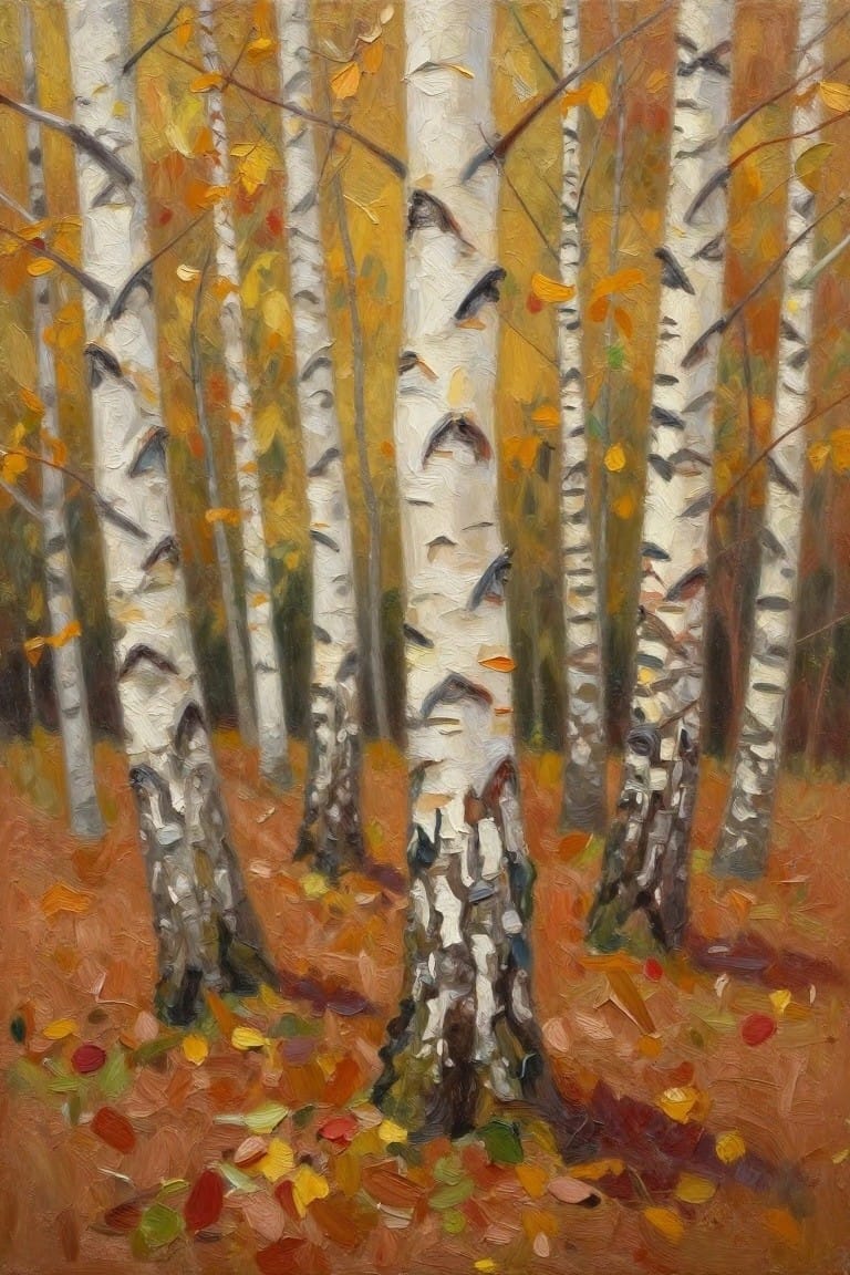 Textured oil painting of white birch trunks amid autumn leaves in forest