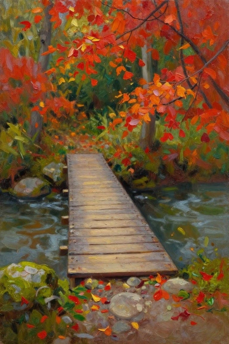 Wooden footbridge over stream amid vibrant red-orange autumn forest foliage