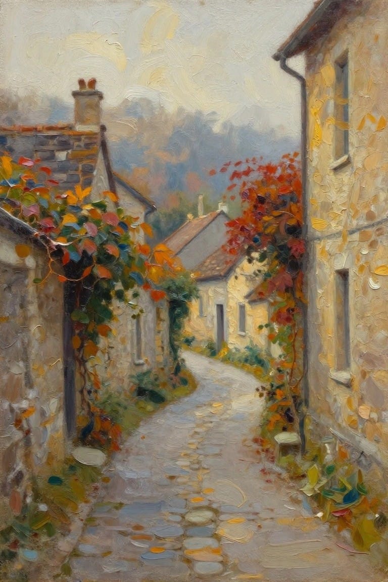 Winding cobblestone path through village with stone houses and autumn foliage.