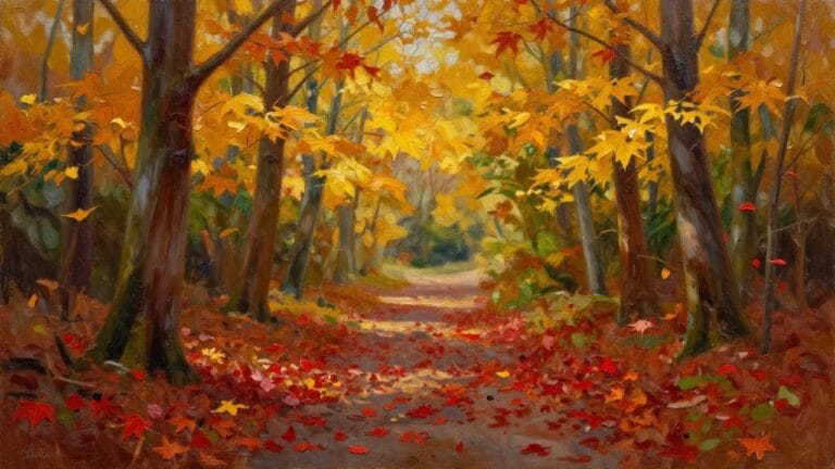21 Autumn Landscape Oil Painting Ideas Featuring Rich Fall Colors An oil painting of a forest path covered in red leaves with trees showing yellow and red autumn foliage on both sides.