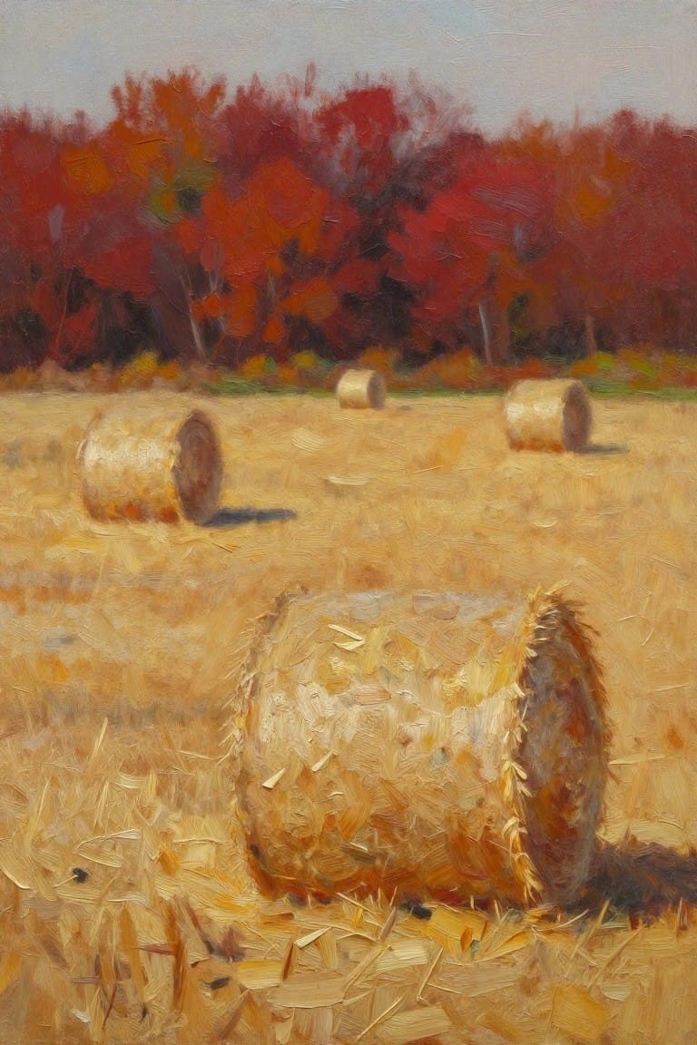An oil painting of hay bales scattered across a golden field with a background of red and orange autumn trees.