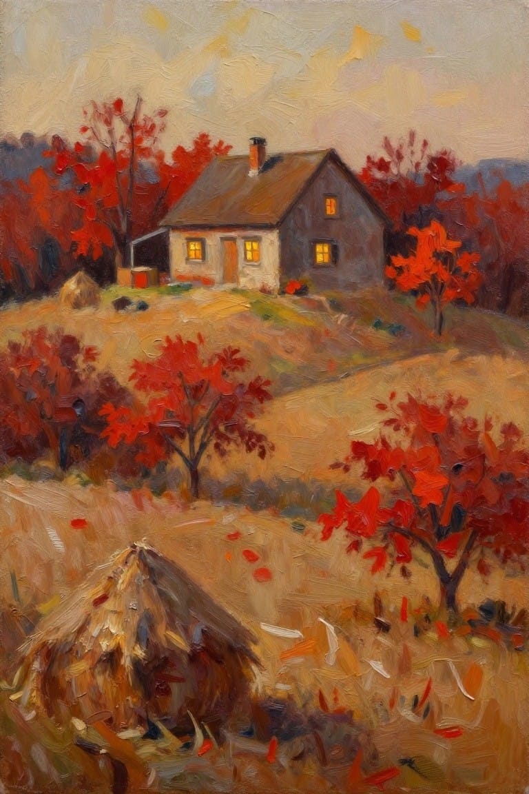 Oil painting of a gray house with glowing windows on a grassy hill, surrounded by red autumn trees and a haystack in the foreground.