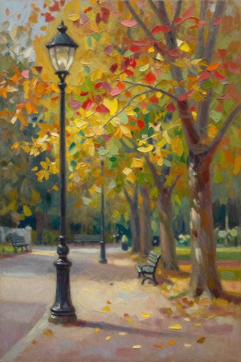 Autumn park path with glowing lamppost, colorful trees, benches, and fallen leaves