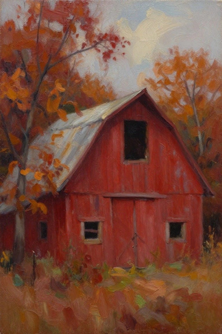 A red barn with a weathered roof stands among trees with orange and red autumn leaves.