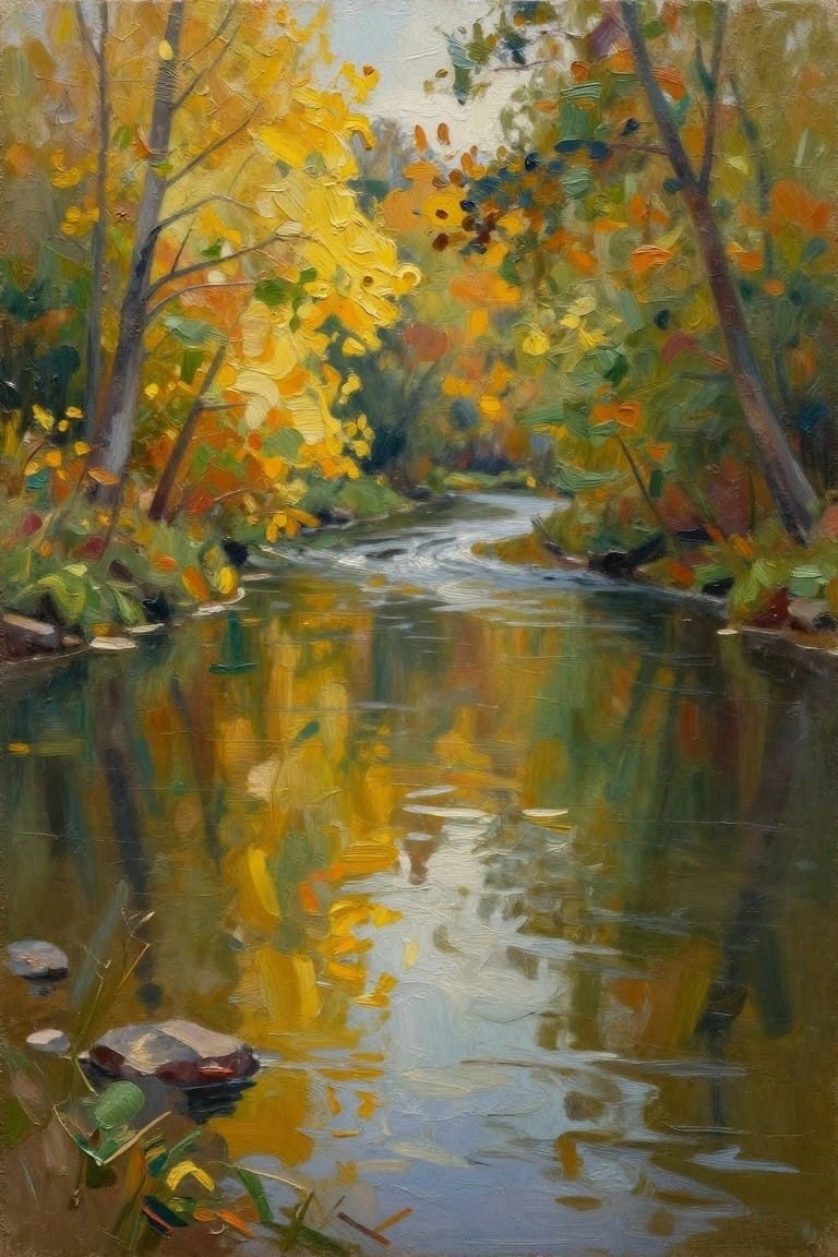Vibrant autumn trees frame a winding stream with colorful leaf reflections.