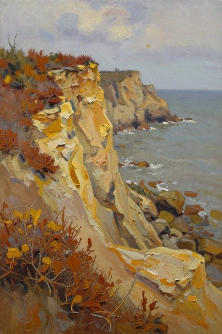 Rugged yellow cliffs with autumn foliage overlook a calm gray sea with waves.