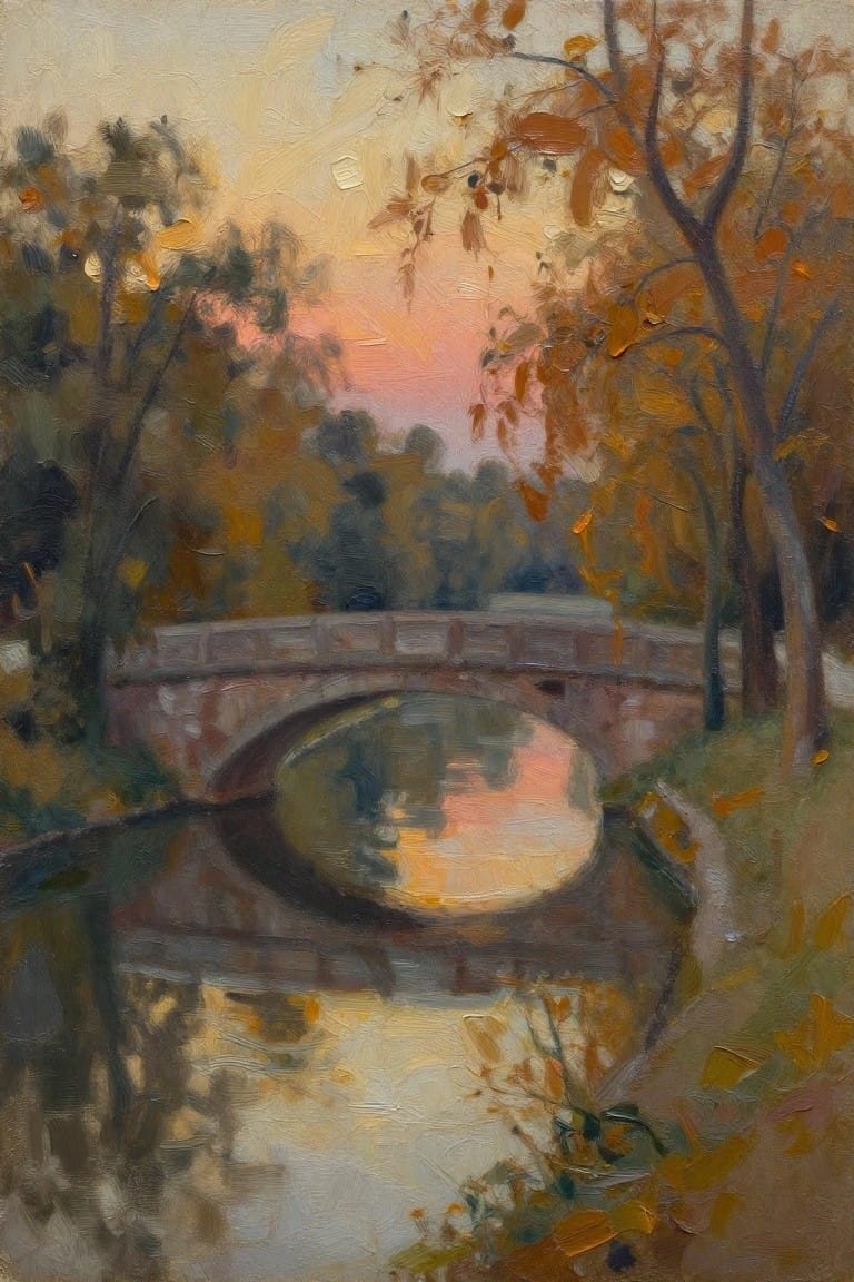 A realistic oil painting of a stone bridge over a river with autumn trees and a pink sunset sky reflected in the water.