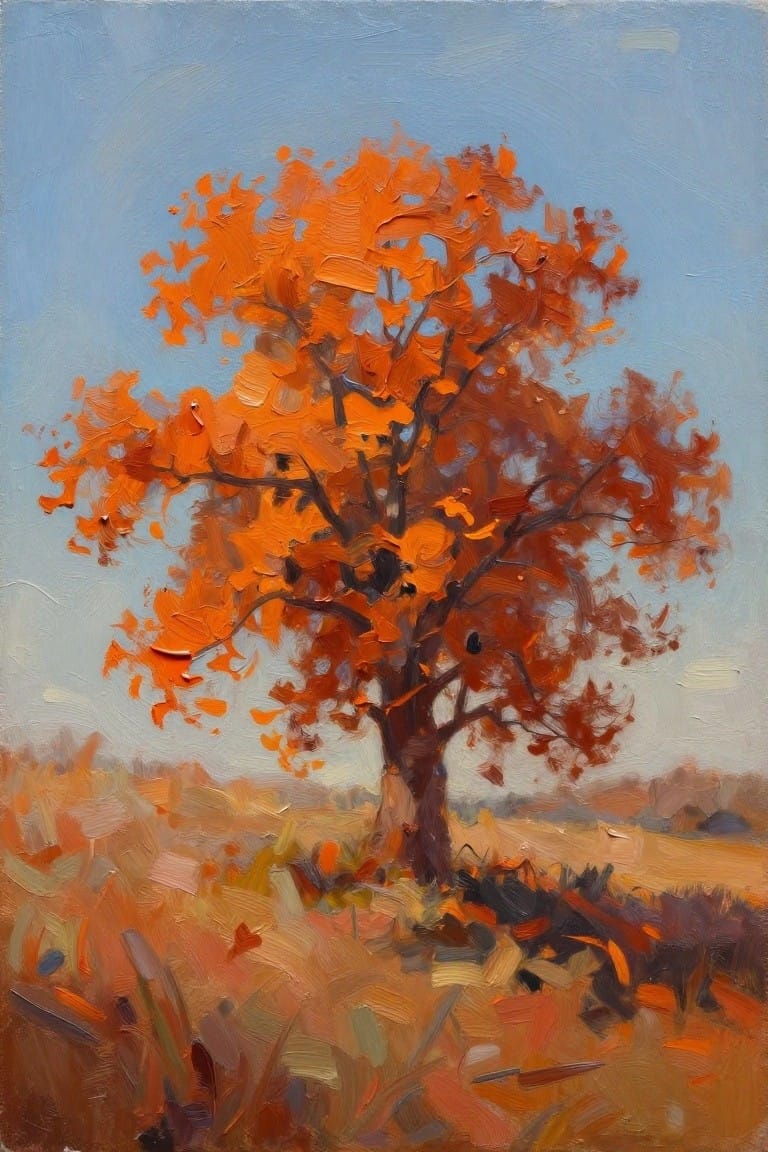 Orange autumn tree with bold impasto brushstrokes against a clear blue sky in a field