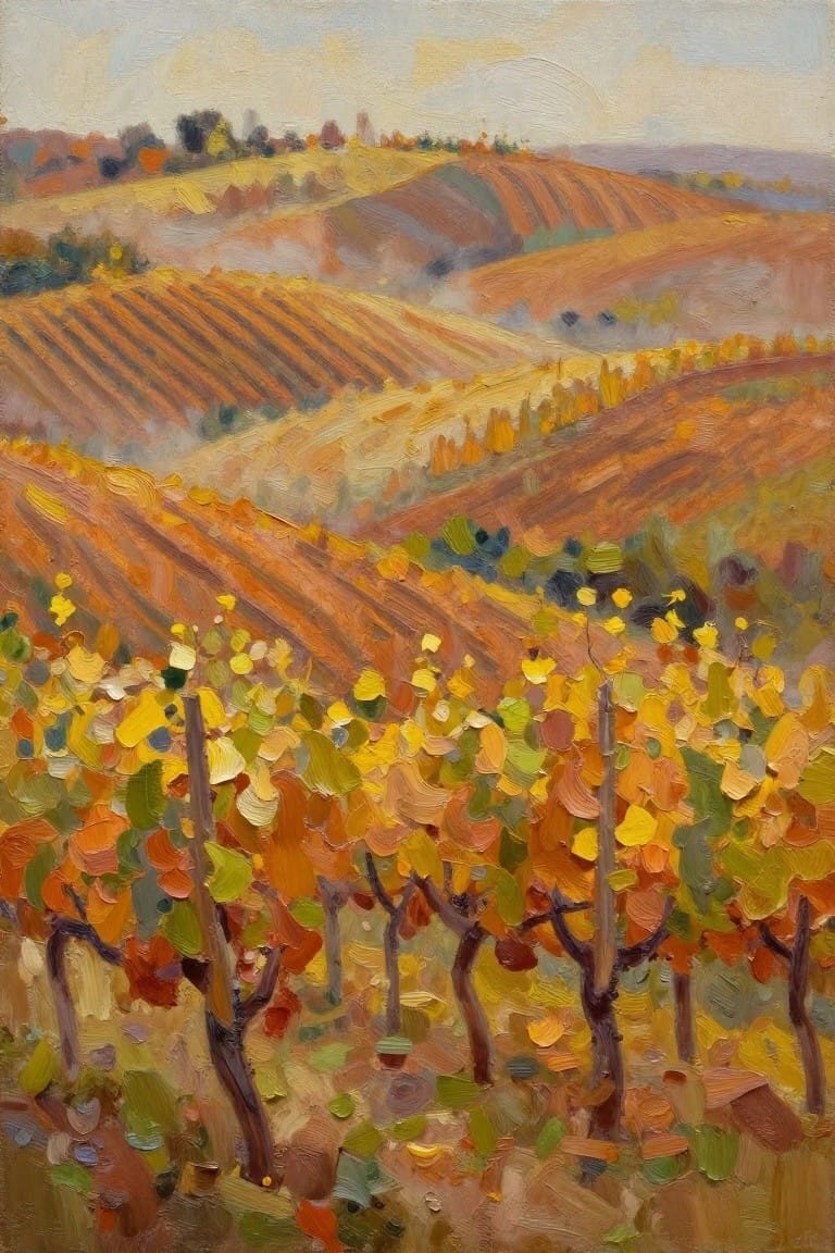 Impressionist autumn vineyard with vibrant orange trees on misty rolling hills