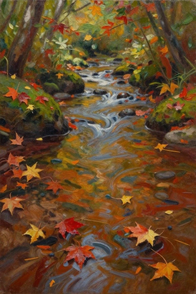 A realistic oil painting of a small forest stream with autumn leaves floating on the water and scattered on mossy rocks, surrounded by trees with colorful fall foliage.