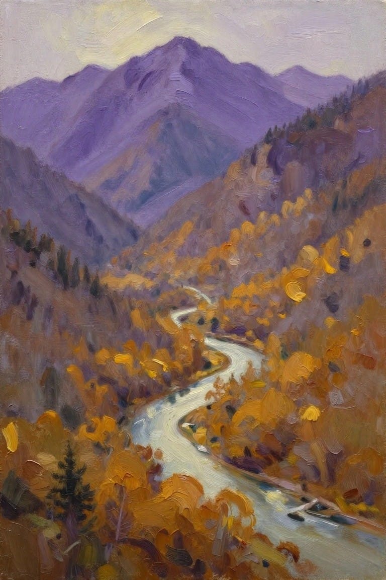 Winding river through golden autumn trees beneath purple mountains in oil painting.