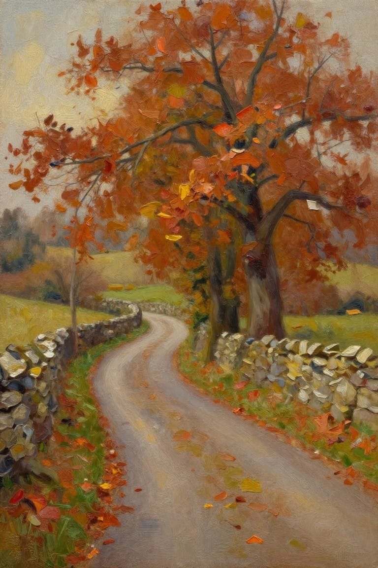 An oil painting of a winding gray road curving through autumn fields with orange-leafed trees and low stone walls on both sides.