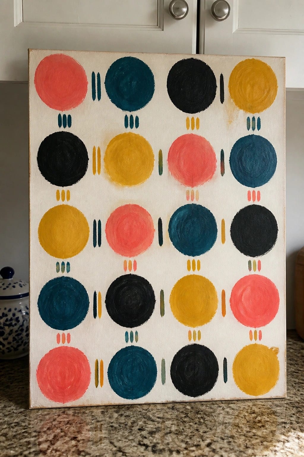 Abstract painting of colorful circles in red, teal, black and yellow with dashed lines below.