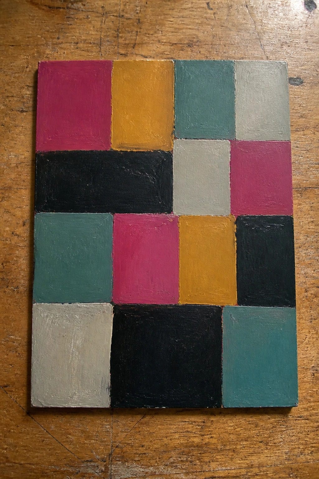 Abstract painting of colorful geometric rectangles in pink, yellow, teal, black, and gray on wood.