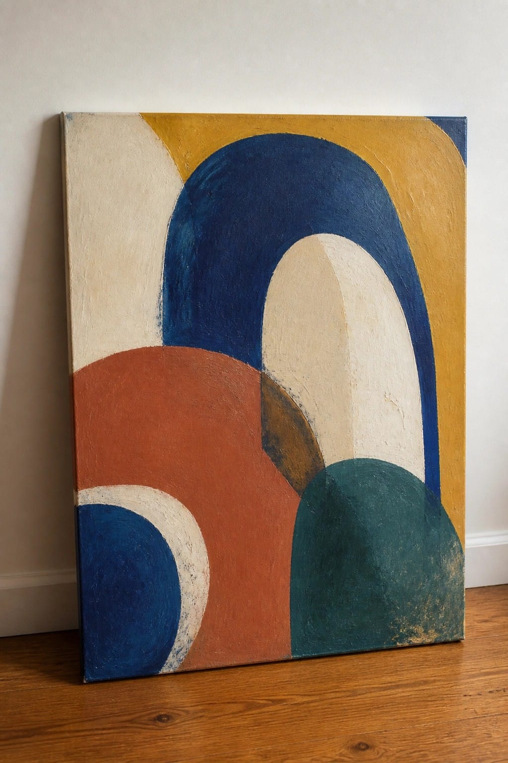 Abstract painting with bold colorful shapes leaning against wall on wooden floor.