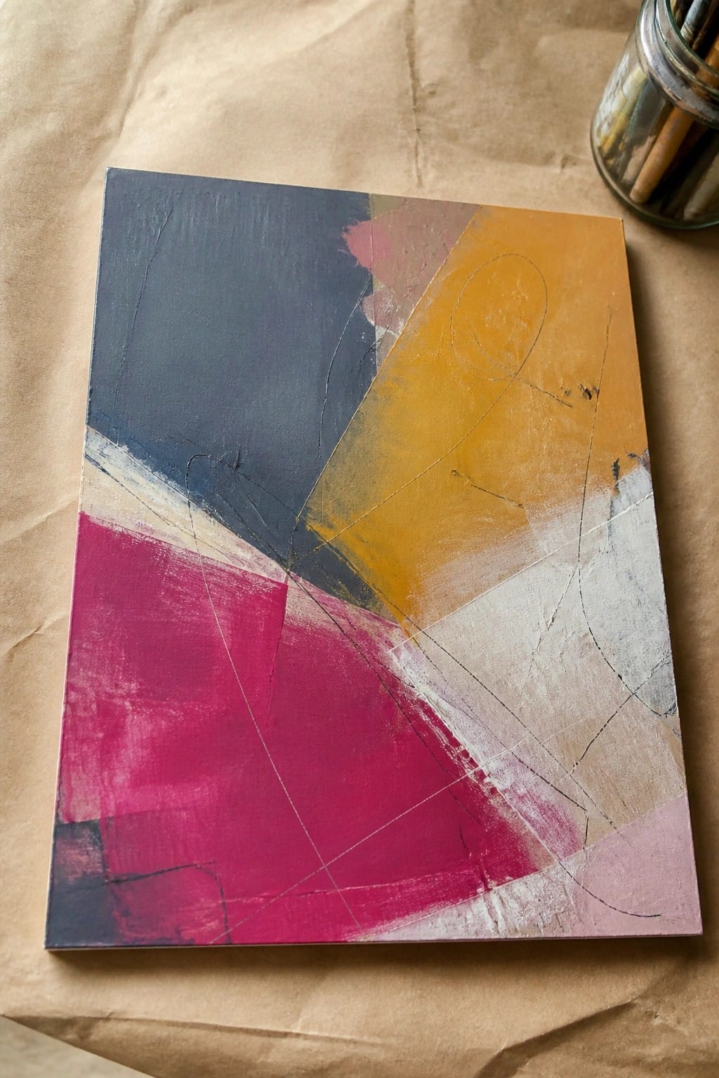 Abstract painting with pink, blue, orange, white shapes on brown paper beside brush jar.