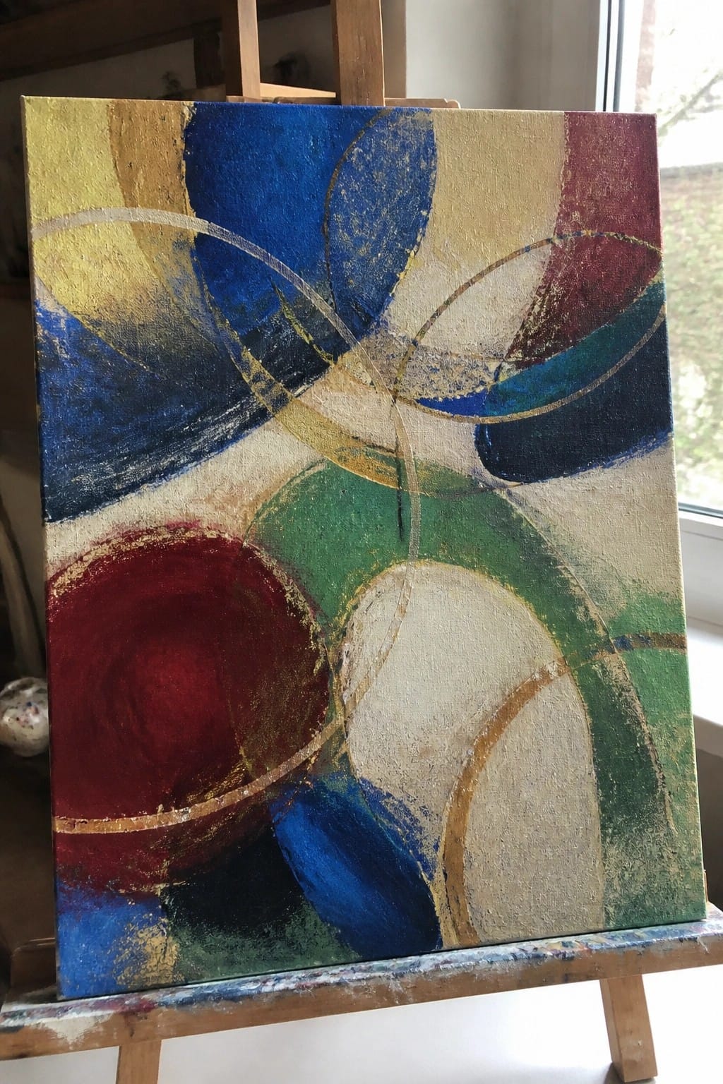 Abstract painting with colorful curved shapes in blue, red, green and gold on wooden easel