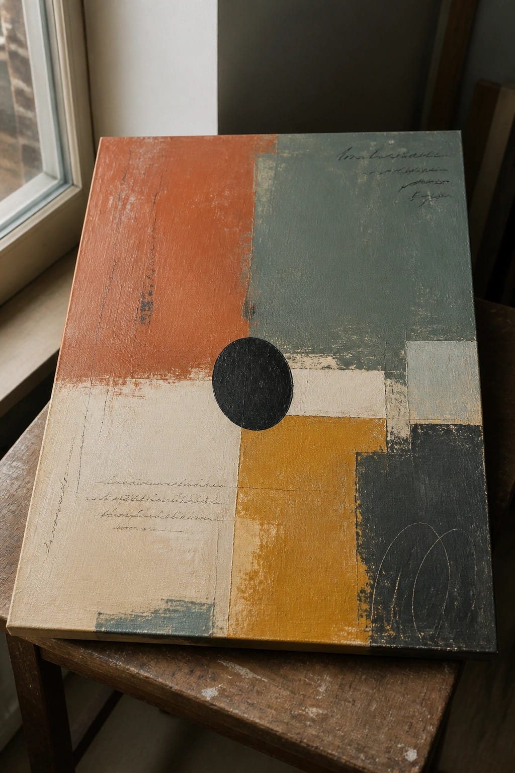 Abstract painting with orange, teal, yellow blocks, black circle, and script on wood.