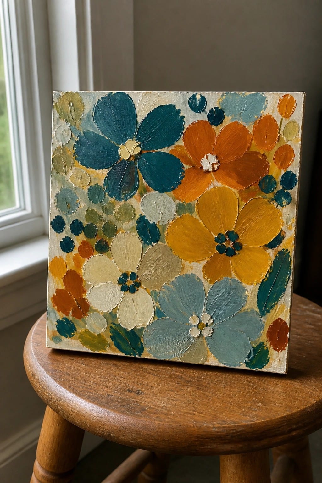 Thickly textured floral painting in teal, orange, yellow, and blue on wooden stool