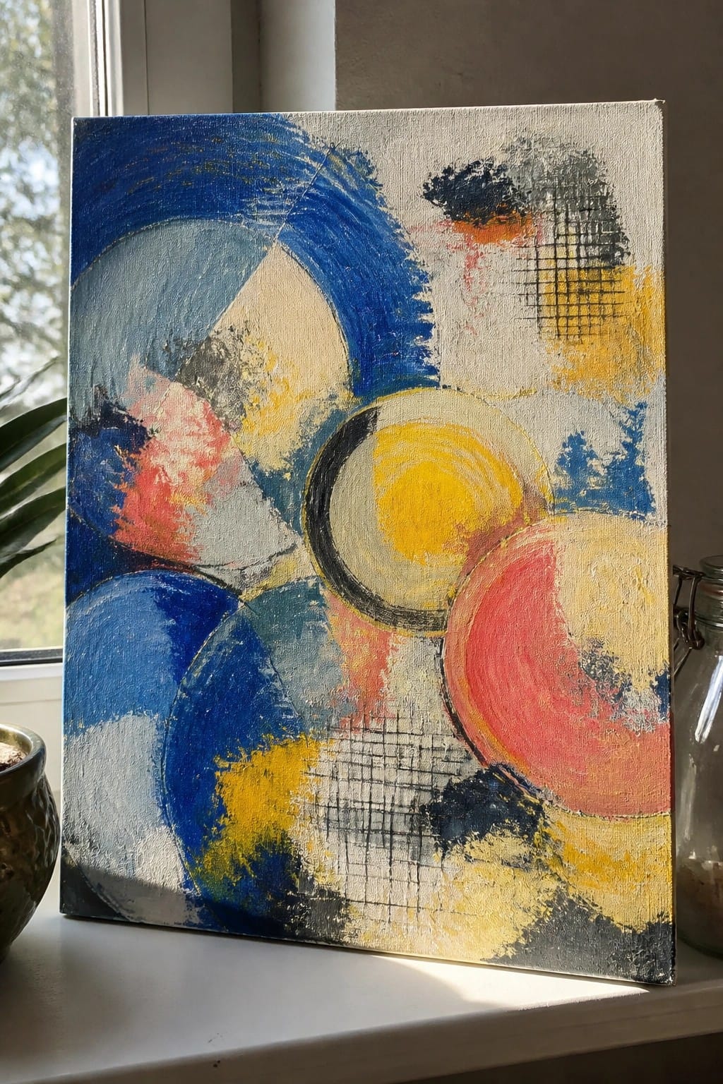 Abstract painting with blue yellow red circles grids on canvas by window