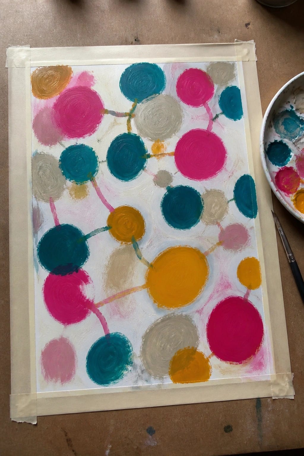 Abstract painting of colorful connected circles on taped paper beside palette and brush.