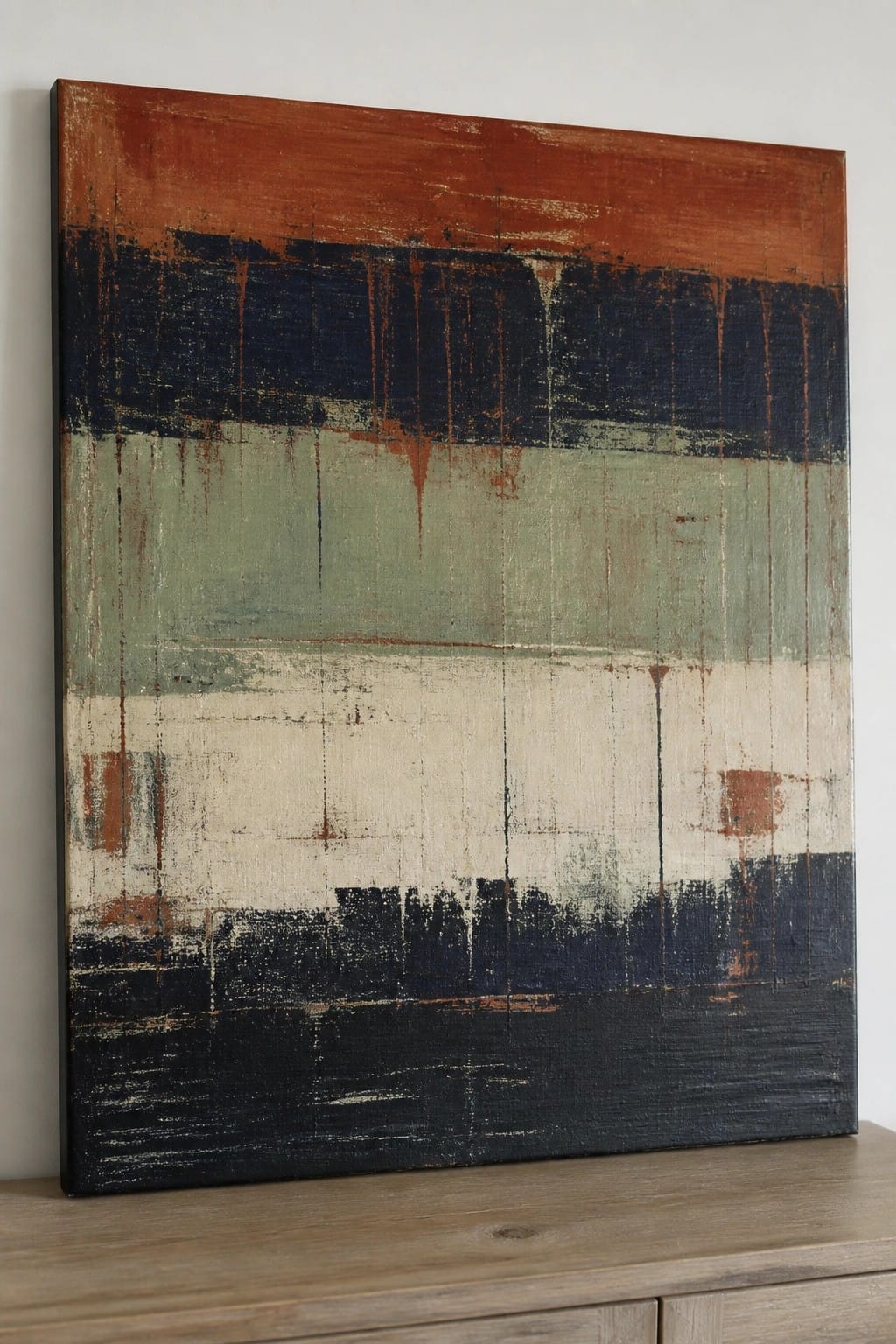 Abstract painting with distressed horizontal stripes in rust, navy, green, and beige