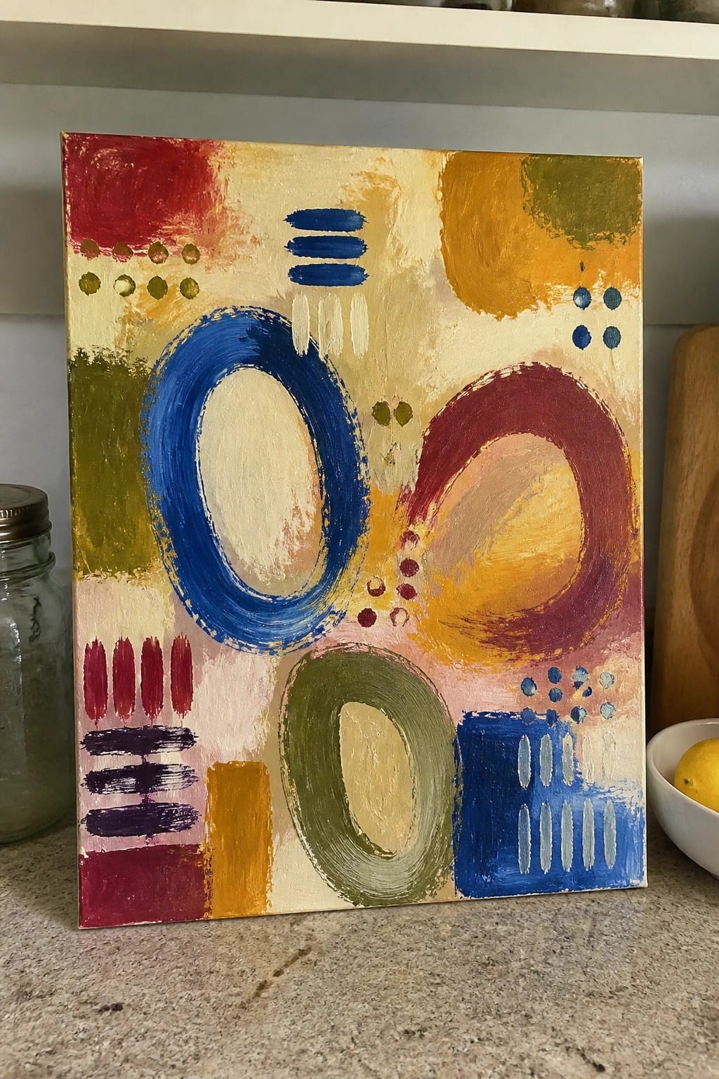Colorful abstract painting with overlapping circles, lines, dots in vibrant hues.