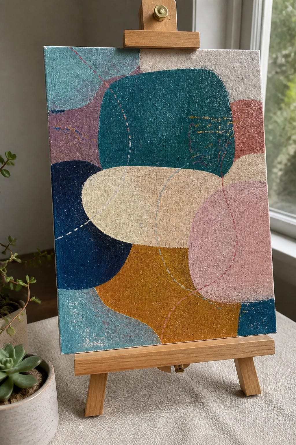 Abstract painting with teal, blue, yellow, and pink shapes on wooden easel
