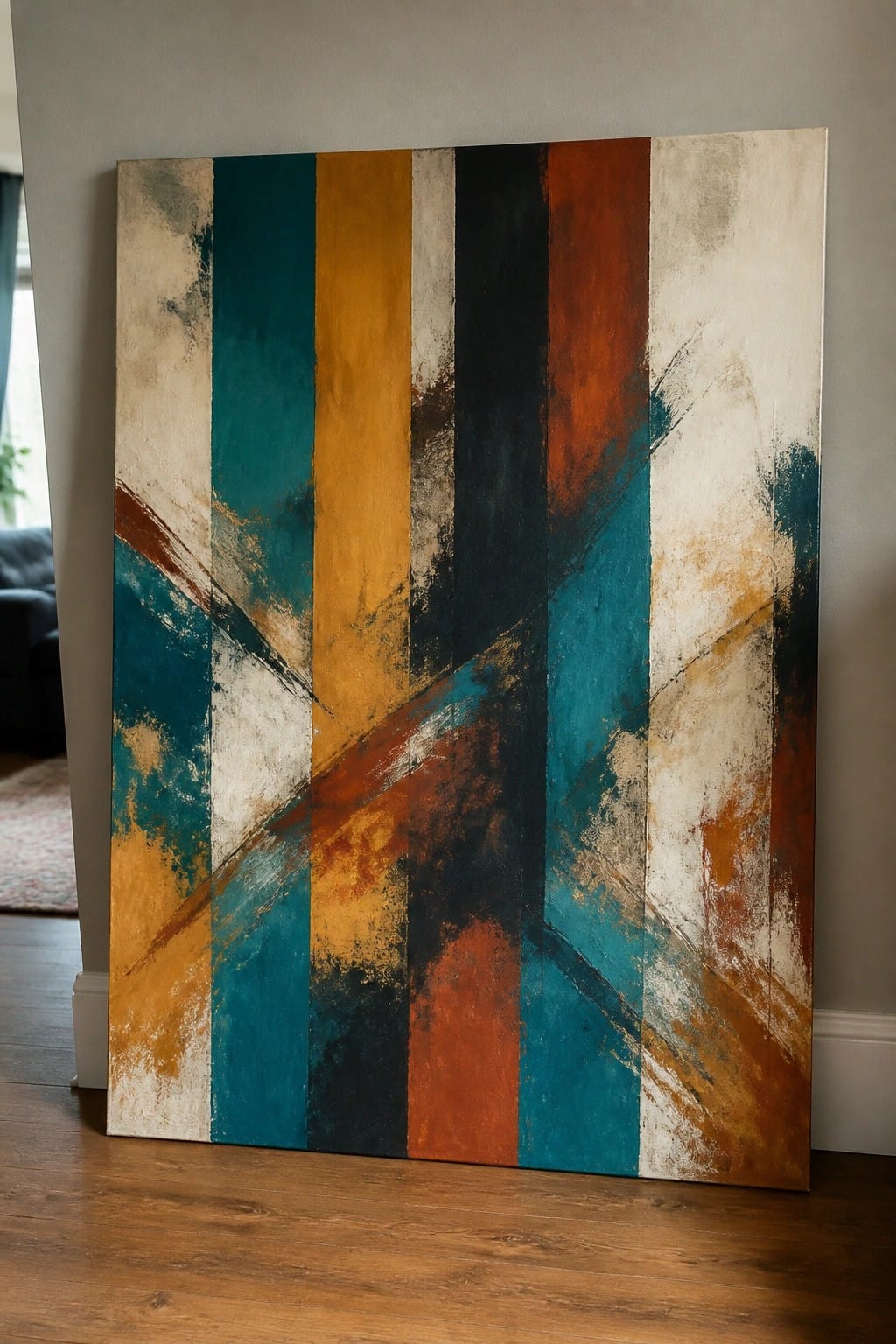 Abstract painting with teal, orange, yellow and black vertical stripes leaning on wall