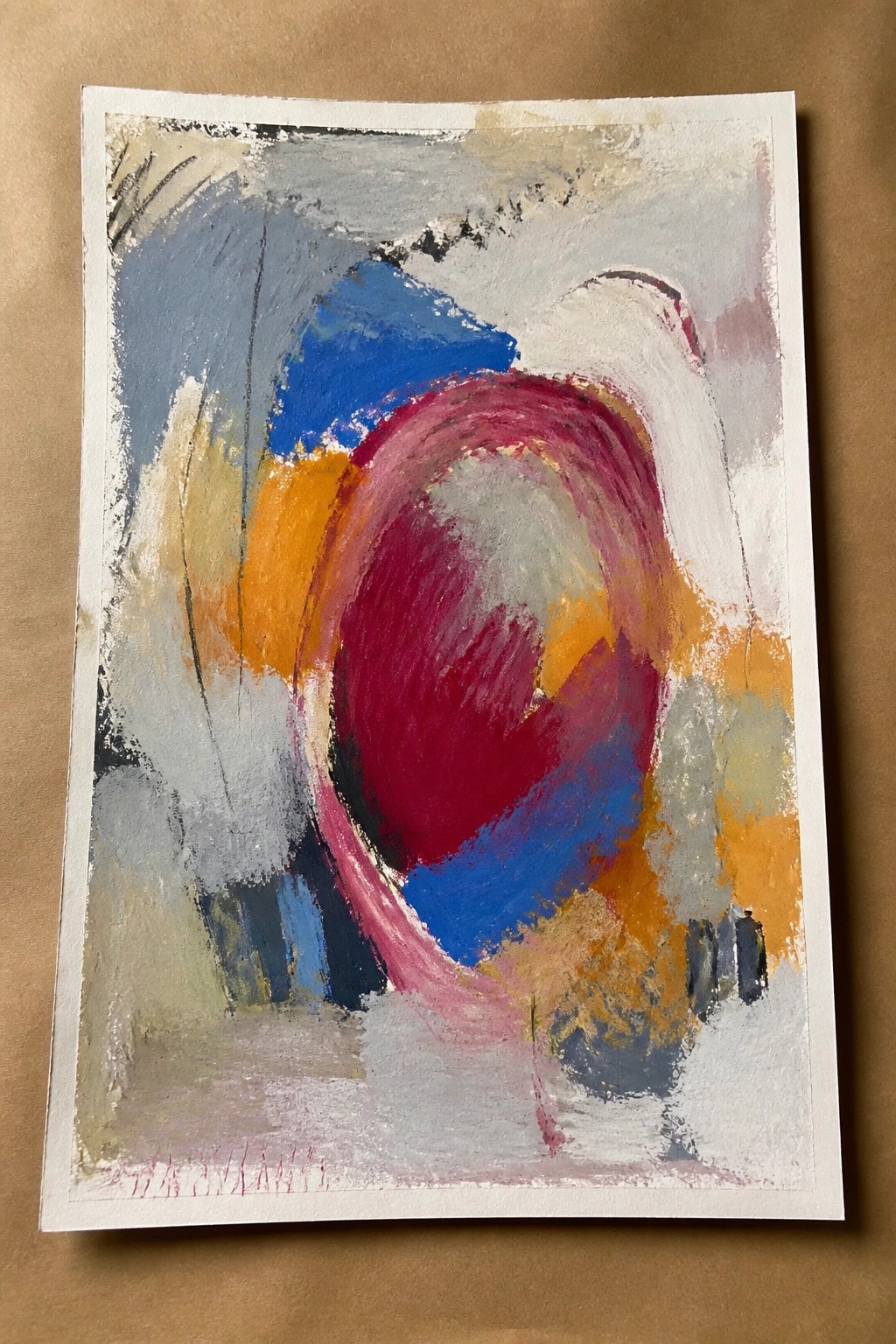 Abstract painting with bold red swirl amid blue, orange, and gray brushstrokes.
